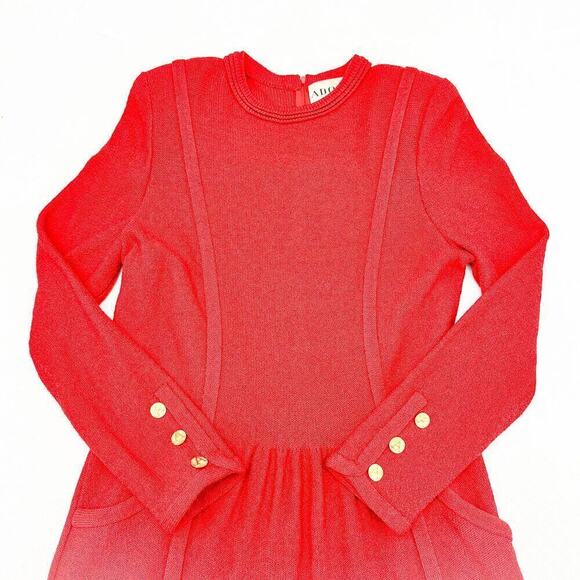 Adolfo Red Vintage Long Sleeve Modest Wool Dress Gold Buttons Size 8 - Picture 2 of 6